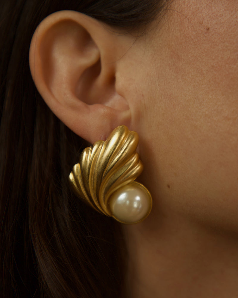 Vintage Matte Gold Pearl Leaf Earrings