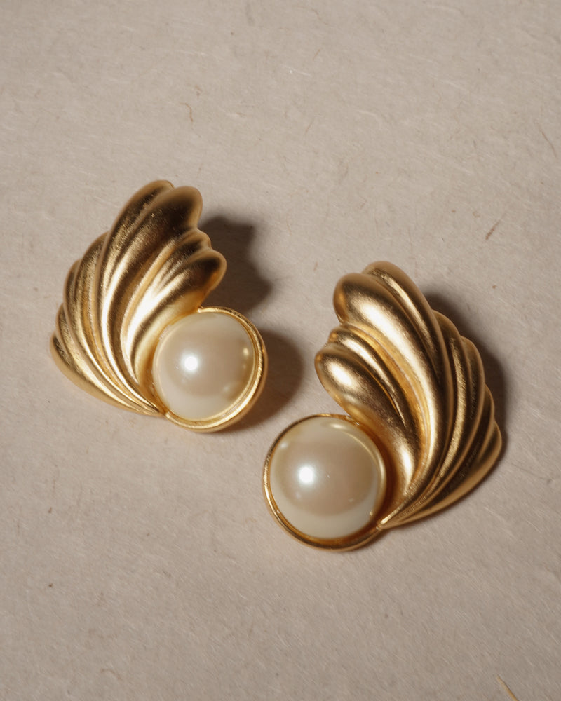 Vintage Matte Gold Pearl Leaf Earrings