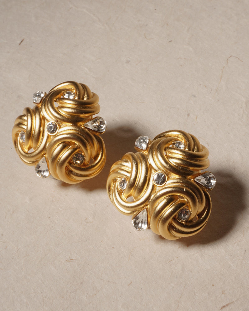 Vintage Matte Gold Rhinestone Knot Clip Ons