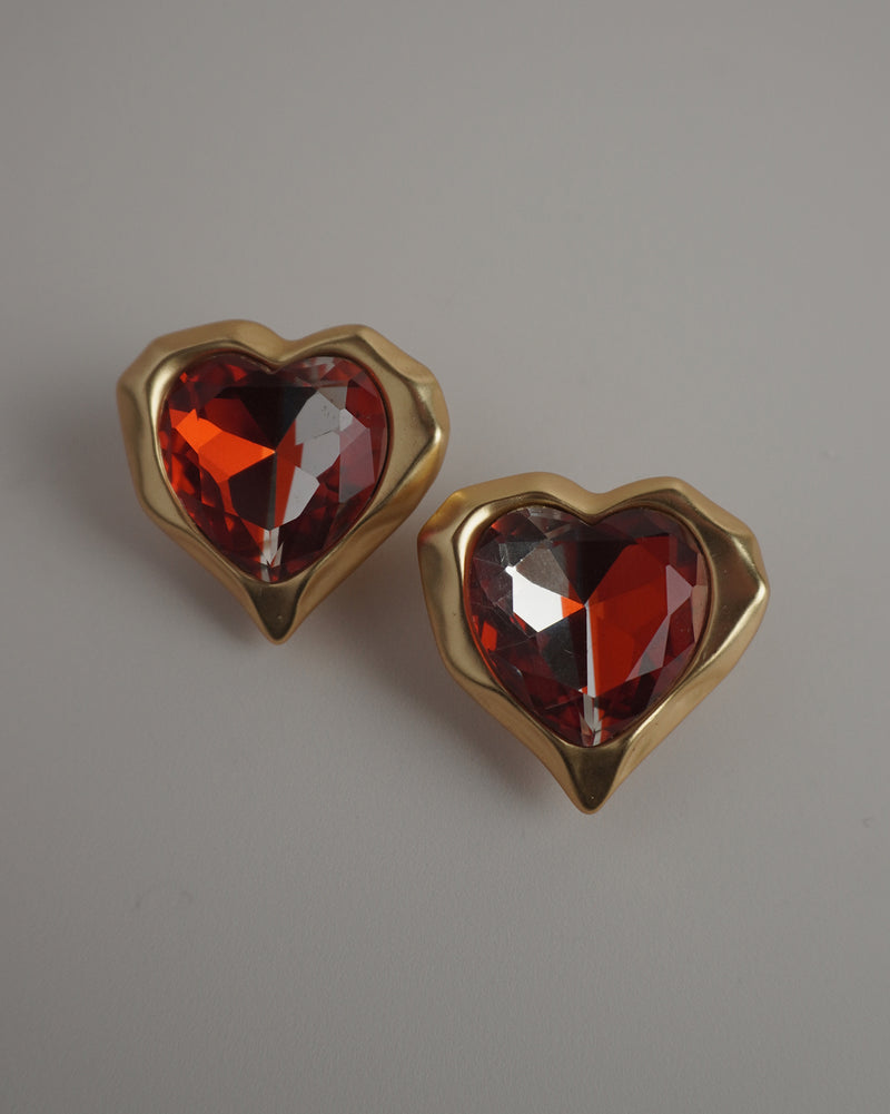 VINTAGE MATTE GOLD RUBY HEART EARRINGS