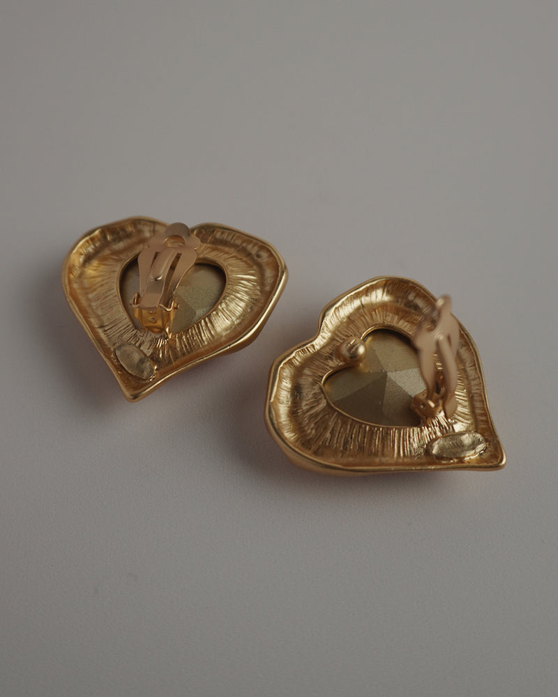 VINTAGE MATTE GOLD RUBY HEART EARRINGS