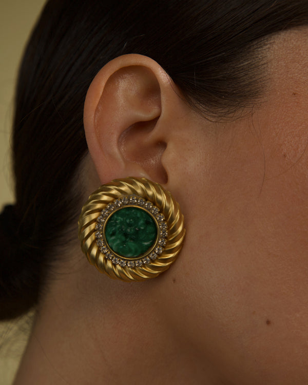 VINTAGE MATTE GOLD & JADE BUTTON EARRINGS