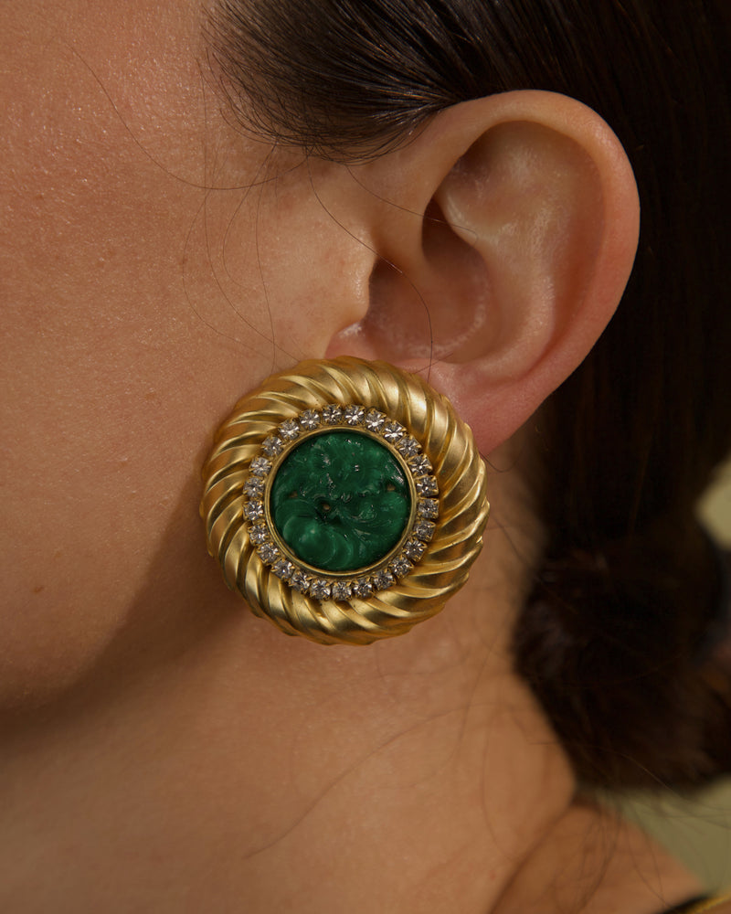 VINTAGE MATTE GOLD & JADE BUTTON EARRINGS