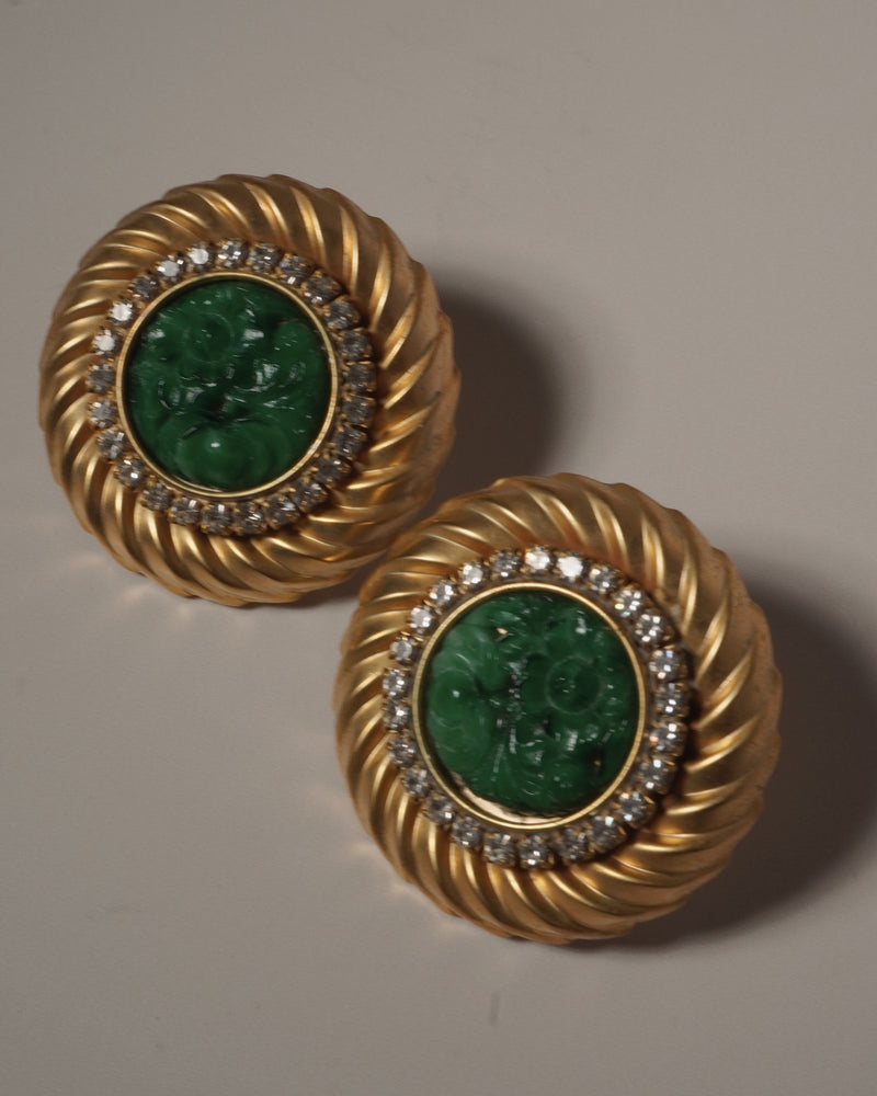 VINTAGE MATTE GOLD & JADE BUTTON EARRINGS