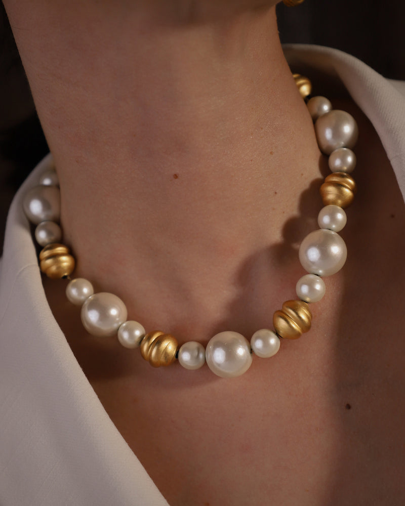 Vintage Matte Gold & Pearl Bead Necklace