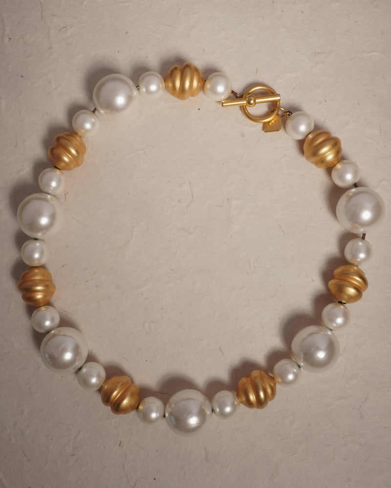 Vintage Matte Gold & Pearl Bead Necklace