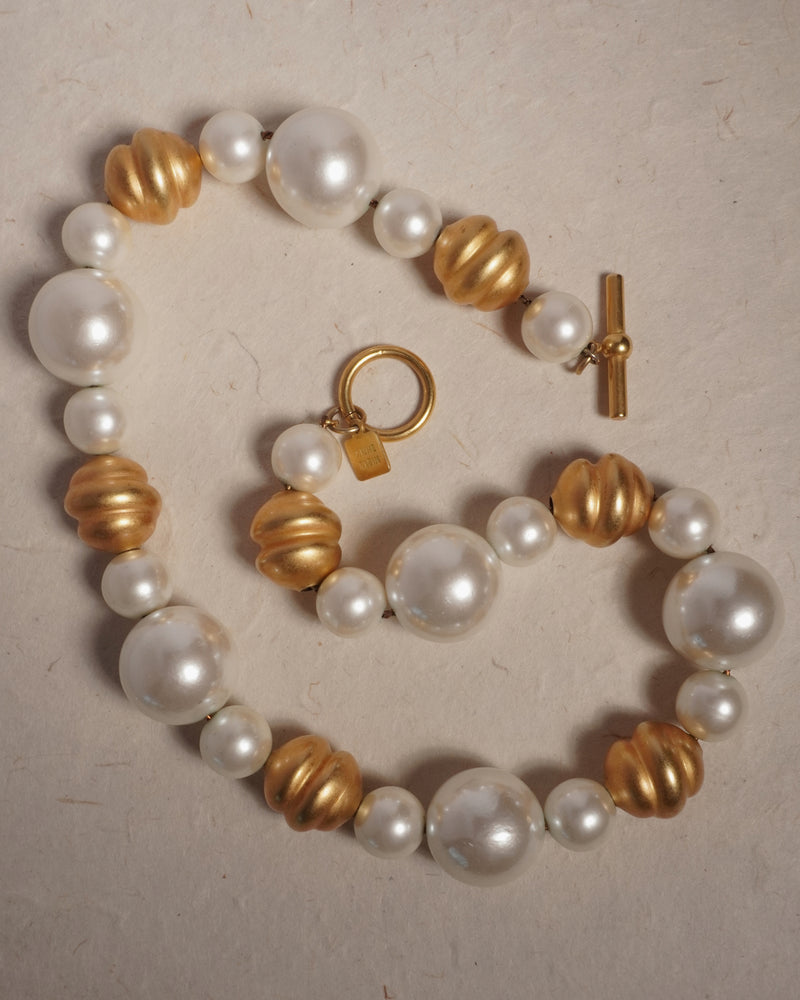 Vintage Matte Gold & Pearl Bead Necklace