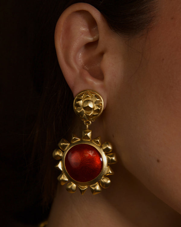 VINTAGE METALLIC RED GLAZE SUN EARRINGS