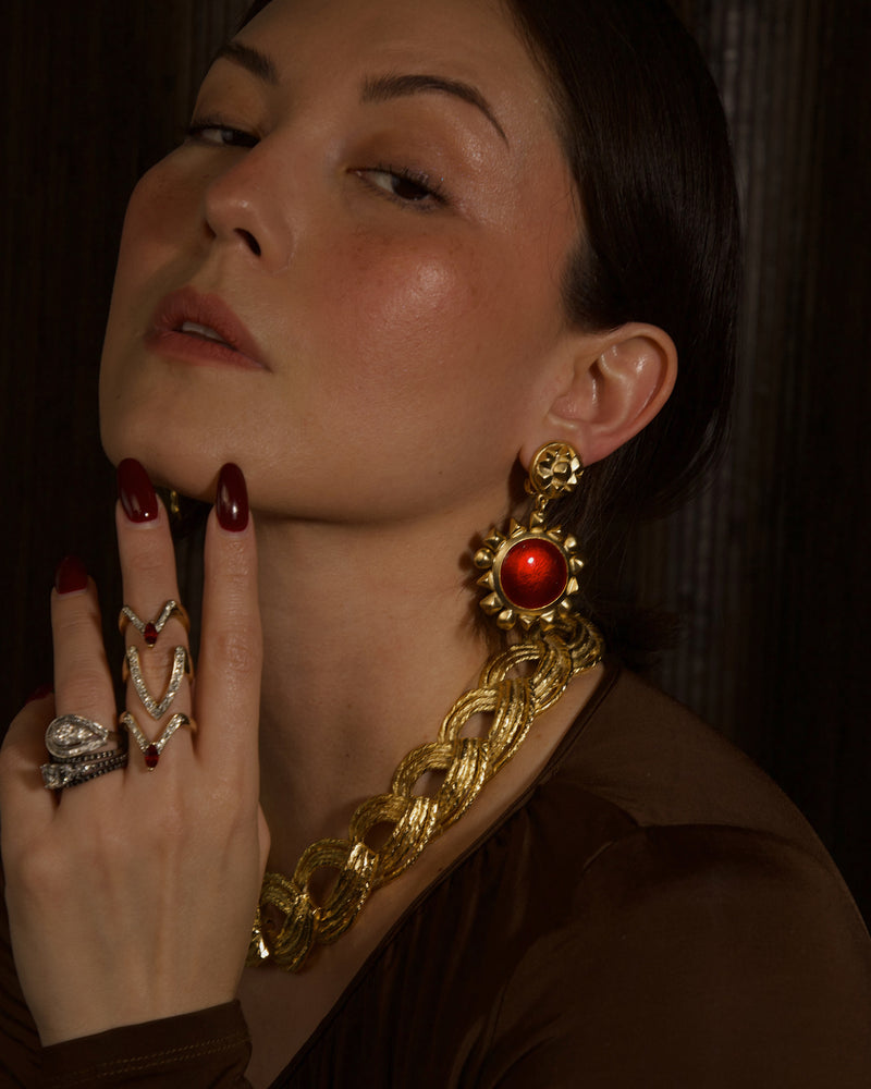 VINTAGE METALLIC RED GLAZE SUN EARRINGS