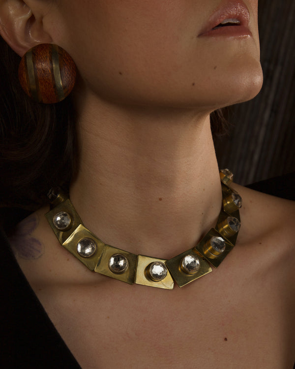 Vintage Modernist Brass Rhinestone Necklace
