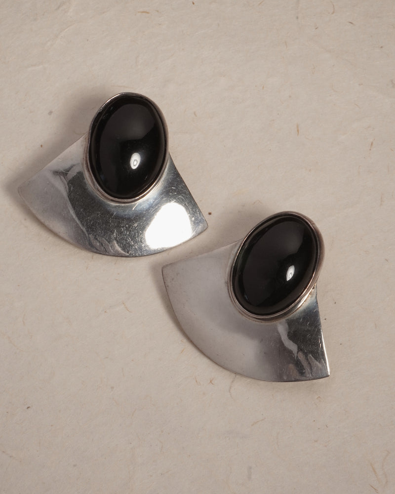 Vintage Modernist Silver & Onyx Clip Ons