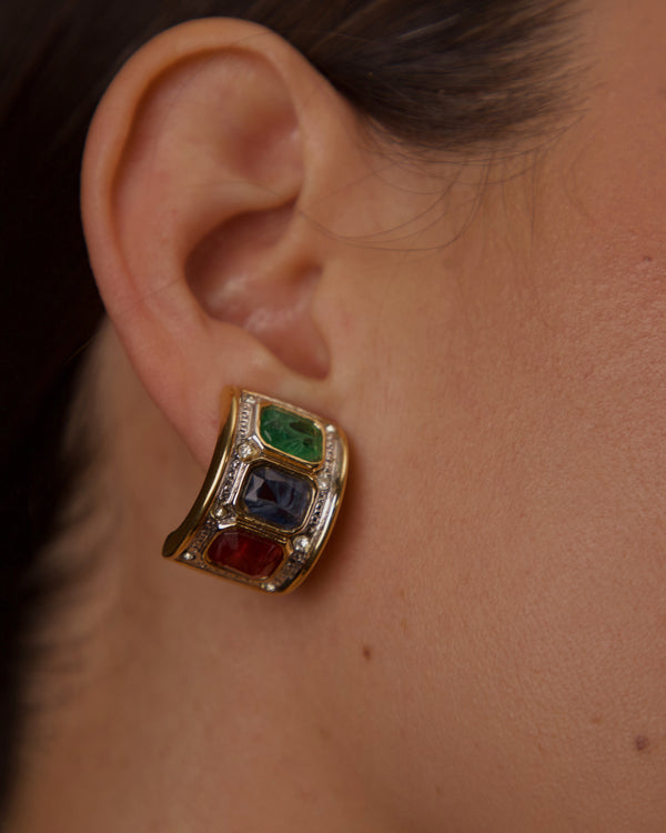 VINTAGE MULTI-COLORED RHINESTONE HOOP CLIP ONS