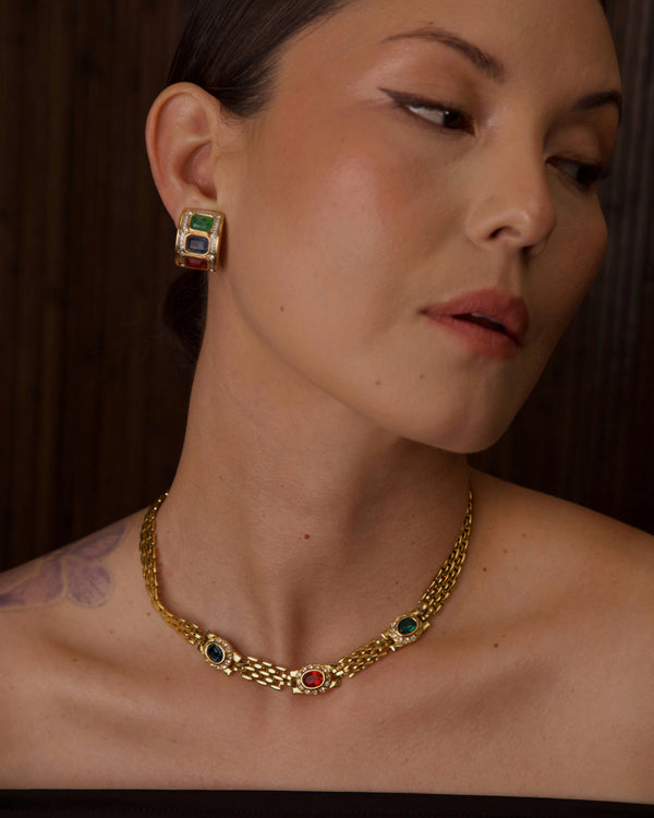 VINTAGE MULTI-COLORED RHINESTONE PANTHER LINK NECKLACE