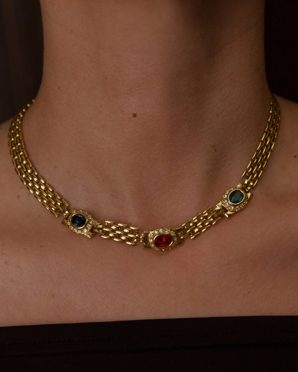 VINTAGE MULTI-COLORED RHINESTONE PANTHER LINK NECKLACE