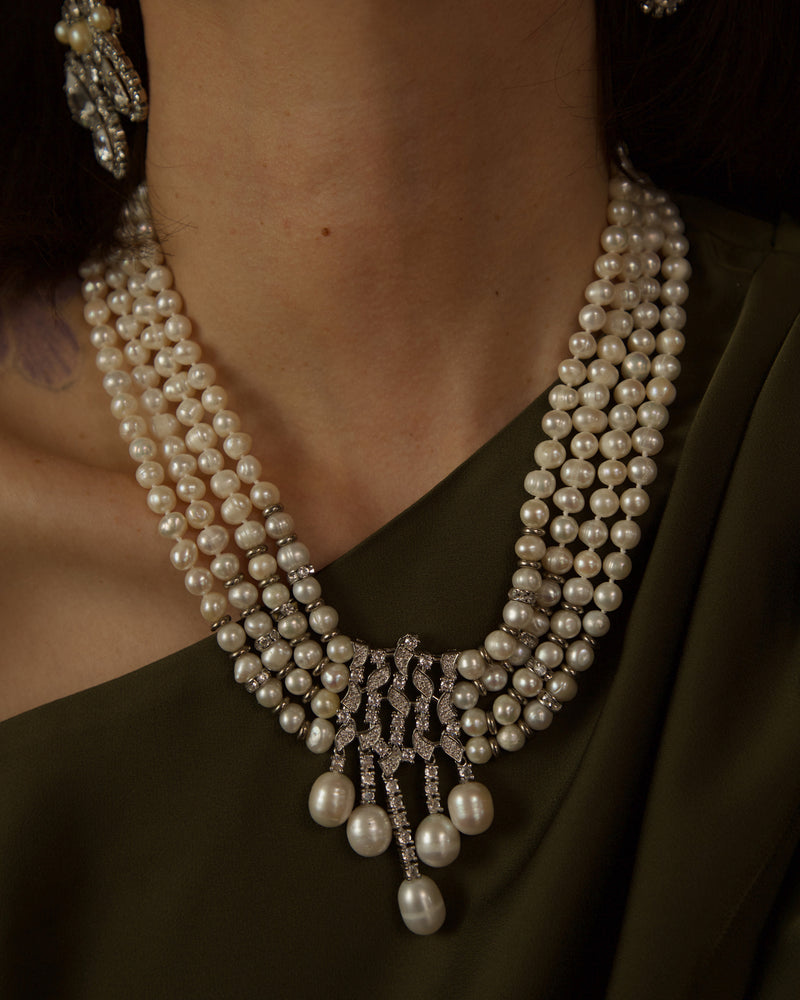 Vintage Multi-Strand Pearl & Rhinestone Necklace