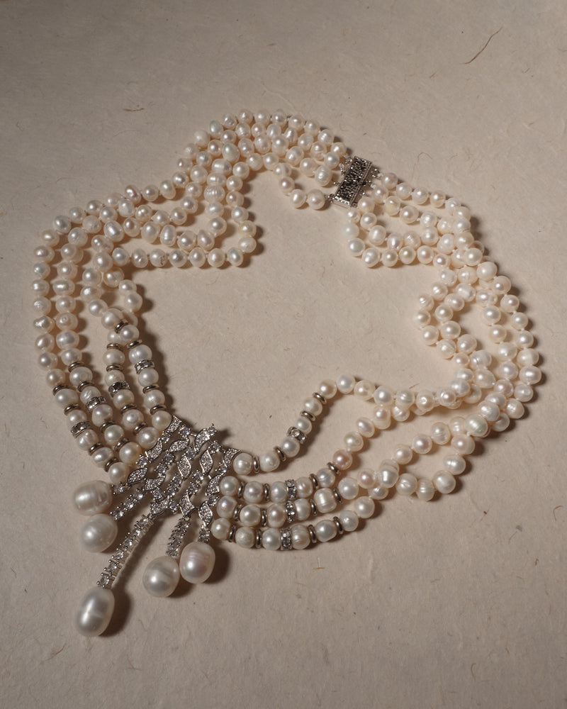 Vintage Multi-Strand Pearl & Rhinestone Necklace