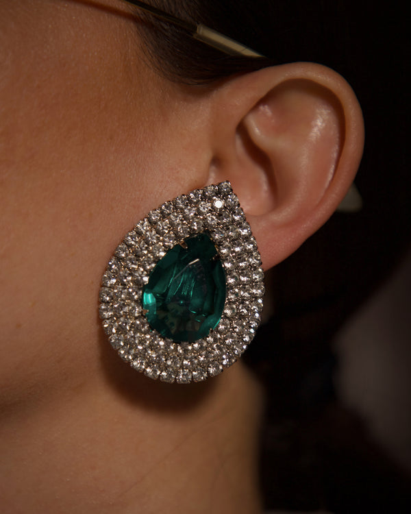 Vintage Oversized Emerald Teardrop Clip Ons