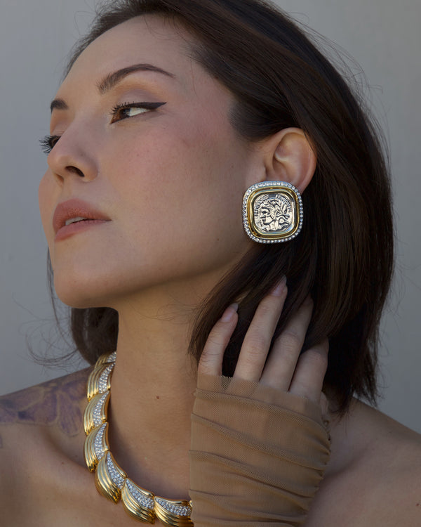 Vintage Oversized Pave Coin Button Earrings