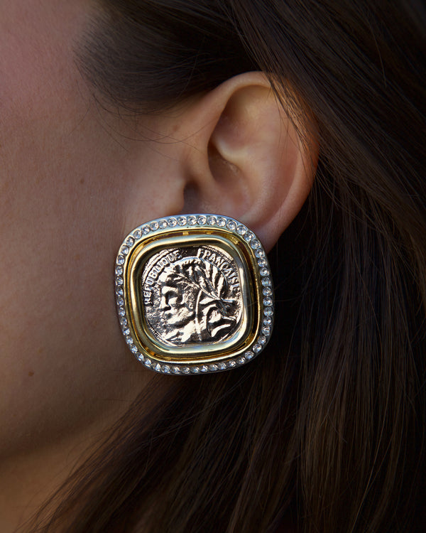 Vintage Oversized Pave Coin Button Earrings