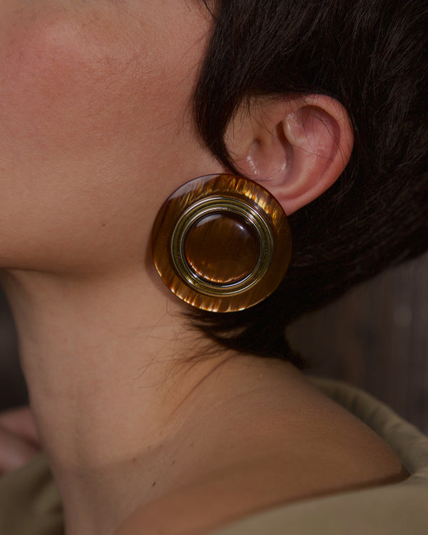 Vintage Oversized Brown Lucite Button Earrings