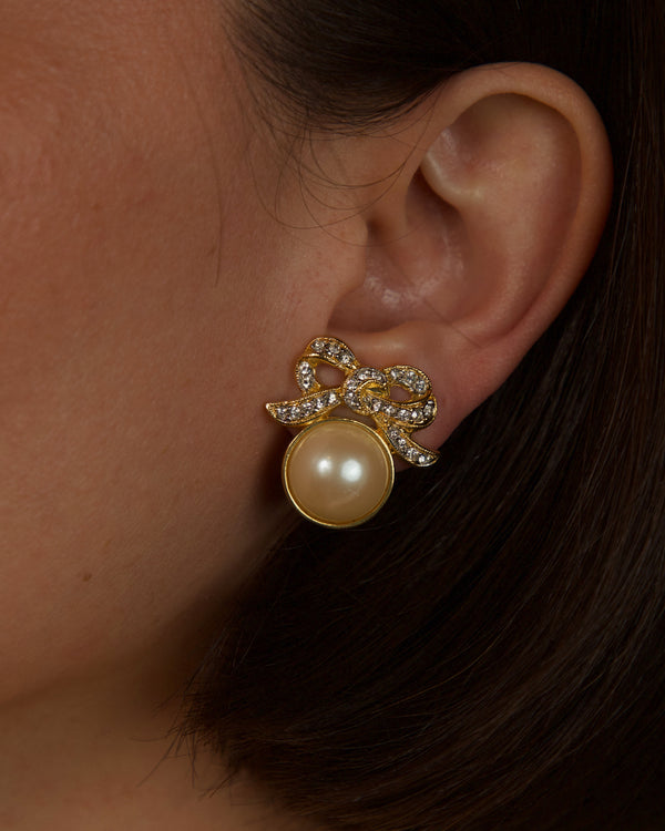 Vintage Pave Bow Pearl Stud Earrings