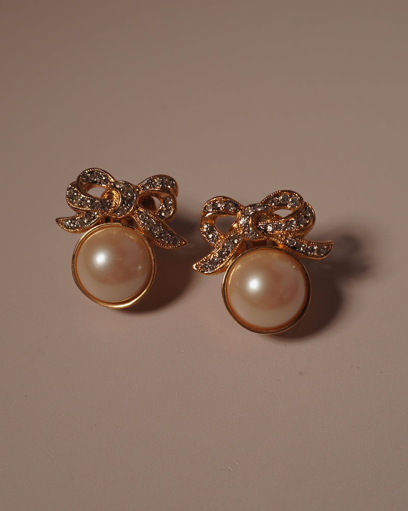 Vintage Pave Bow Pearl Stud Earrings