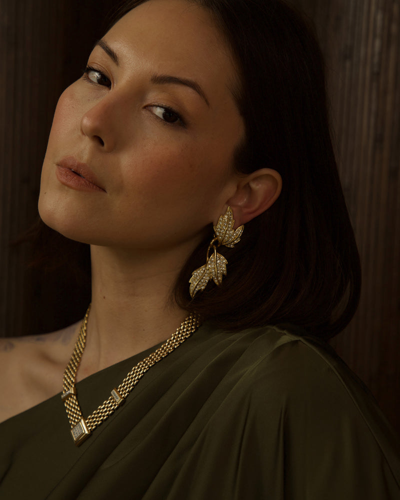 Vintage Pavé Leaf Drop Statement Earrings