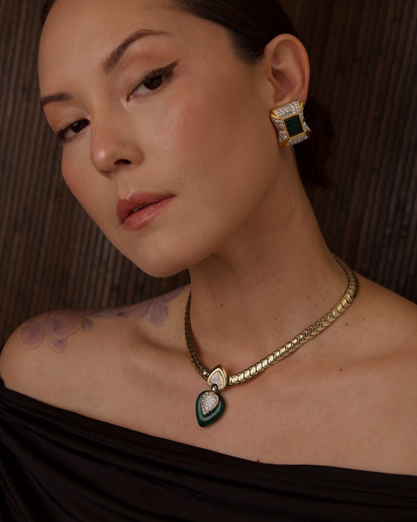 VINTAGE PAVÉ MARBLED GREEN LUCITE  PENDANT NECKLACE