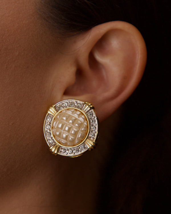 VINTAGE PAVÉ QUILTED FAUX PEARL CAB EARRINGS