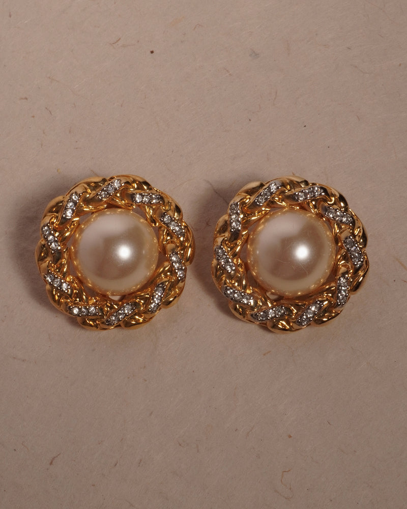 Vintage Pavé Rope & Pearl Cabochon Clip Ons