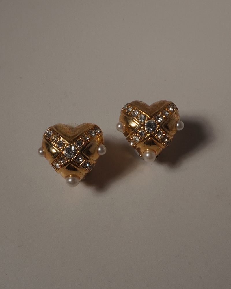 VINTAGE PEARL & RHINESTONE HEART STUD EARRINGS