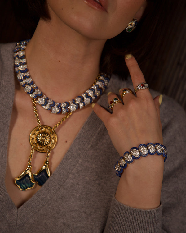 Vintage Pavé & Marbled Blue Enamel Set