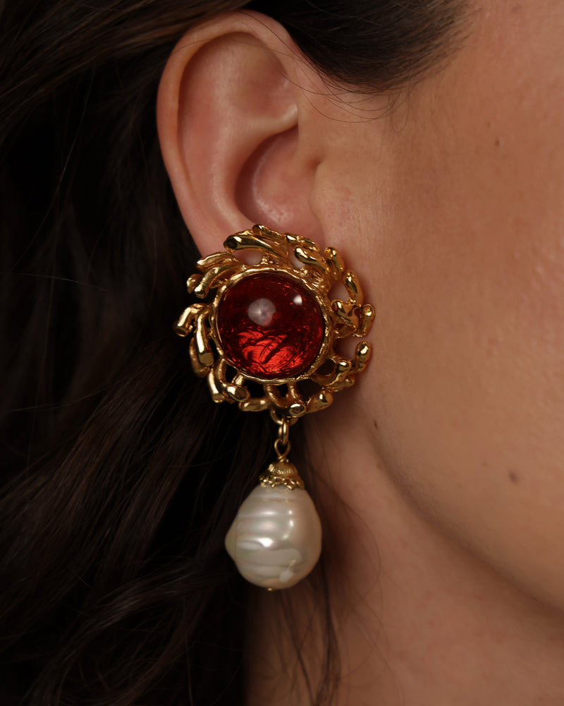 Vintage Philippe Ferrandis Glass Jelly Cab Pearl Drop Earrings