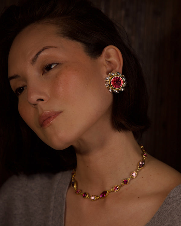 Vintage Pink Crystal Button Clip Ons