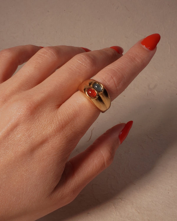 Vintage Red & Blue Glass Cab Stacked Ring (Sz 7.5)