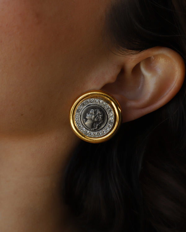 Vintage Rhinestone Coin Button Earrings