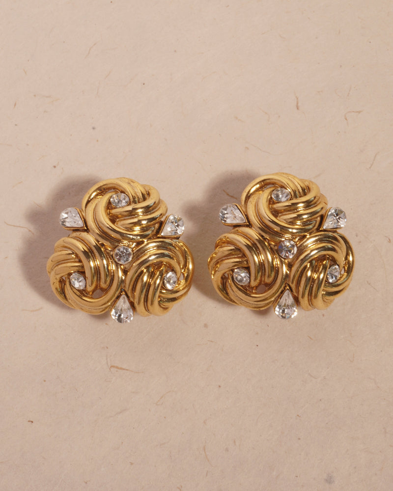 VINTAGE RHINESTONE GOLD KNOT CLIP ONS