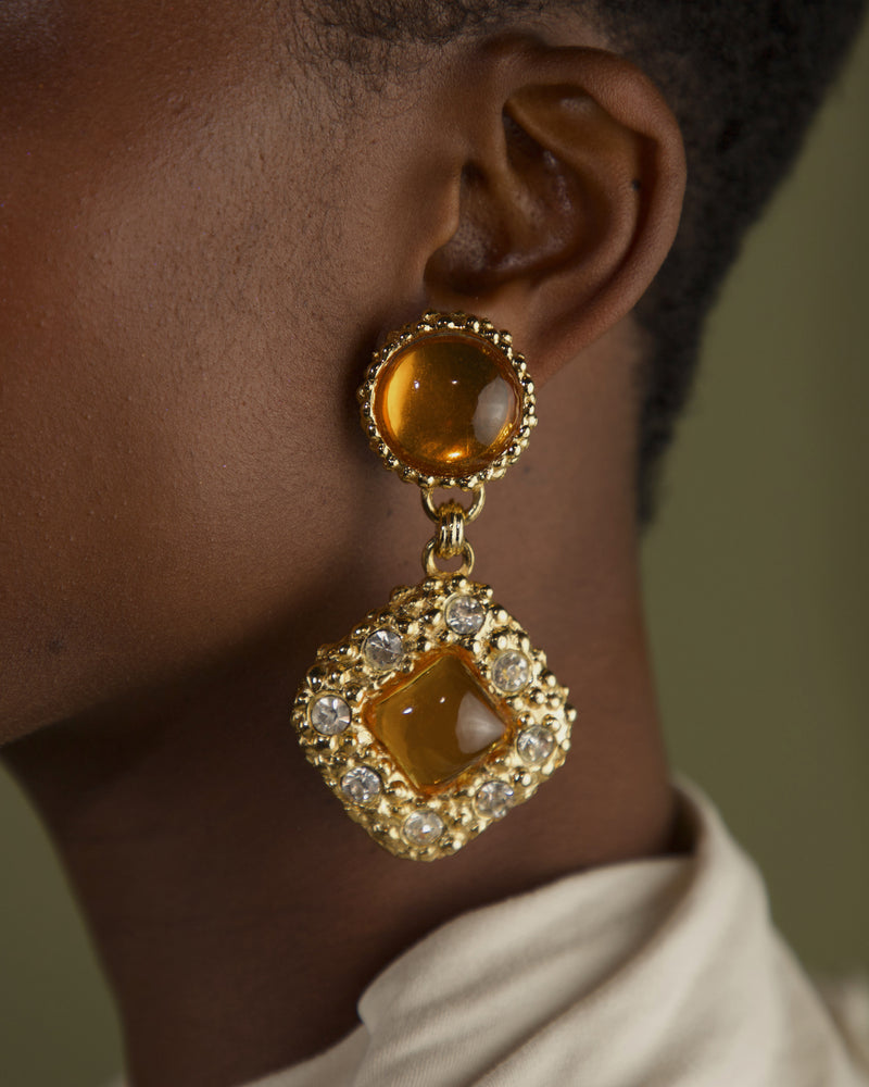 VINTAGE RHINESTONE ORANGE CAB DROP EARRINGS