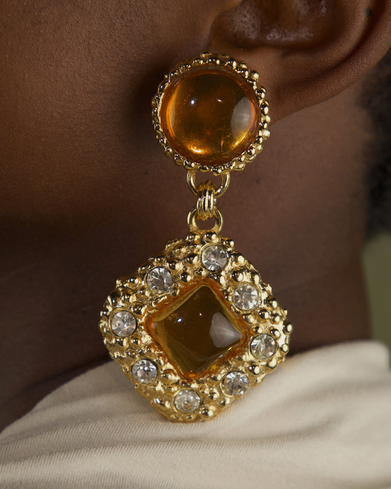 VINTAGE RHINESTONE ORANGE CAB DROP EARRINGS