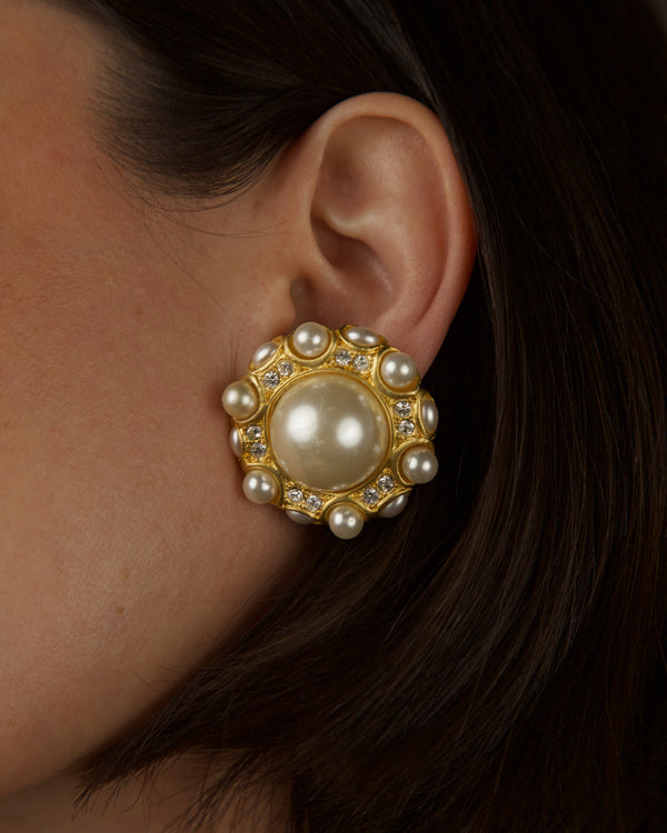 Vintage Rhinestone & Pearl Button Clip Ons