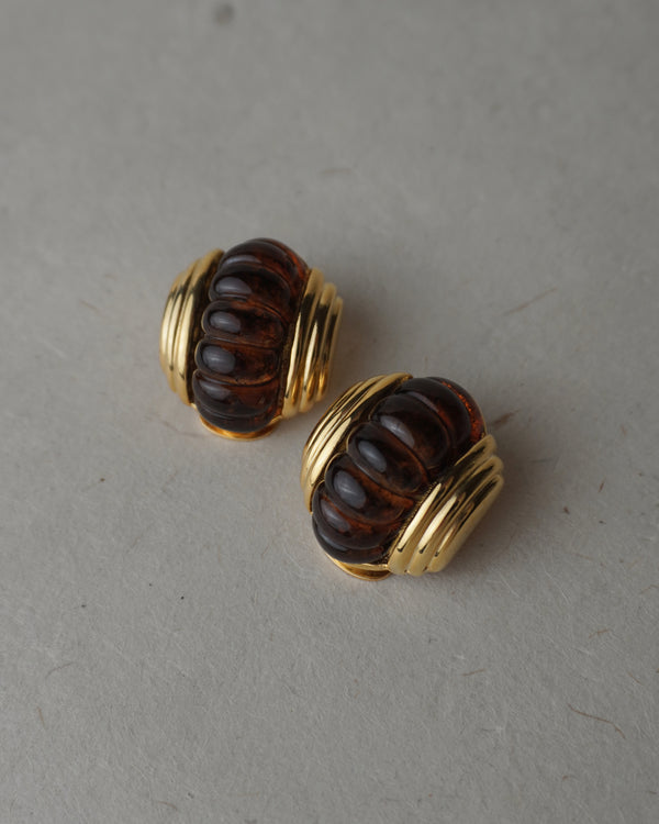 Vintage Ribbed Amber Button Clip Ons