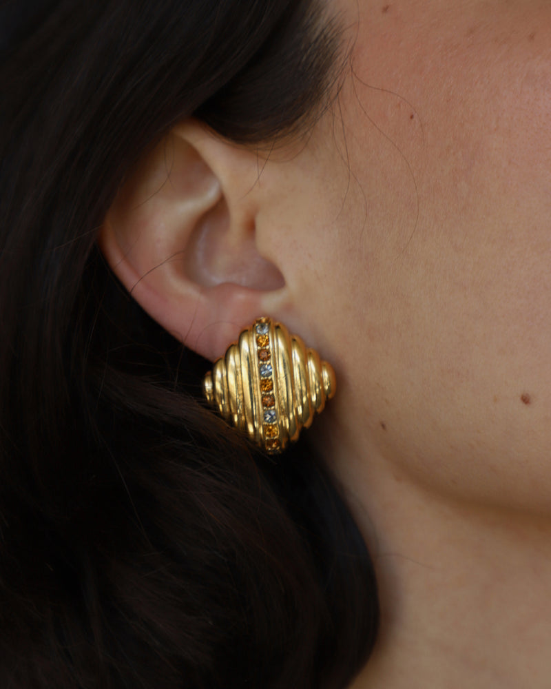 Vintage Ribbed Topaz Button Clip Ons