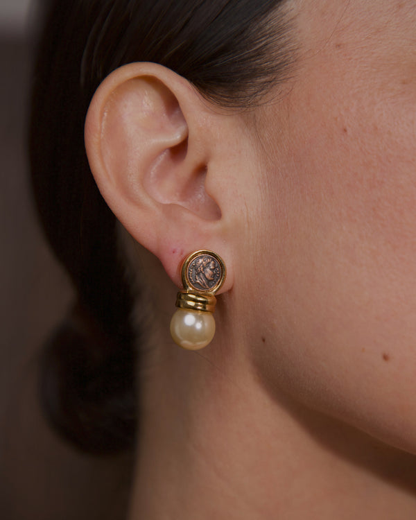 Vintage Roman Coin Pearl Earrings