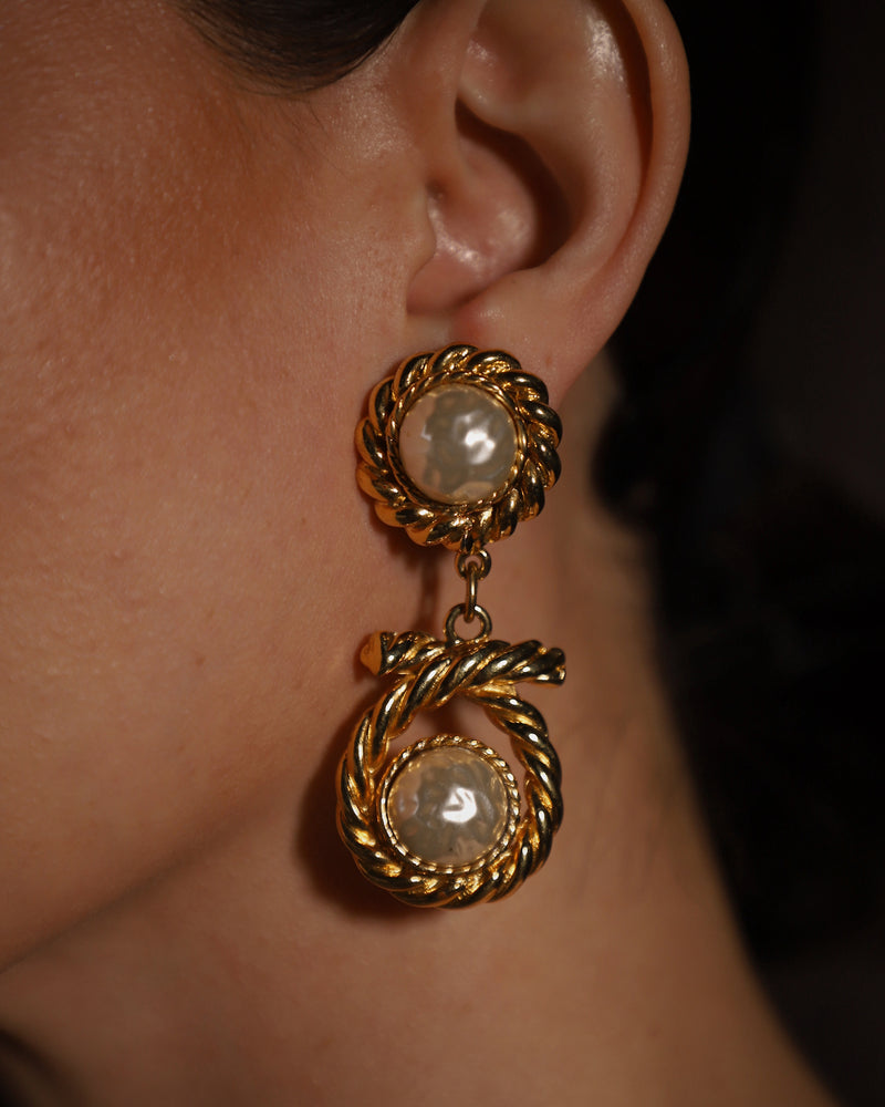 Vintage Roped Pearl Cabochon Drop Earrings