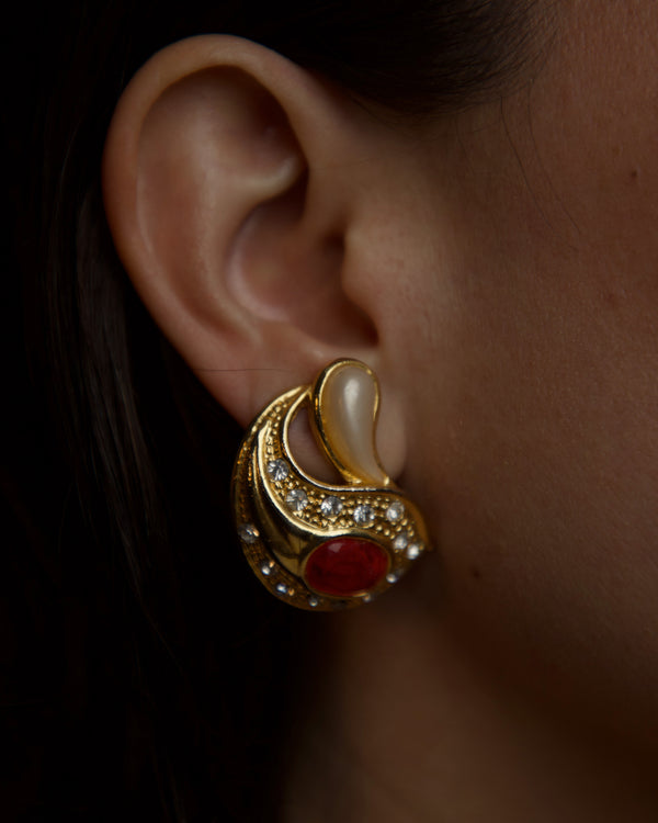 Vintage Ruby & Pearl Clip Ons