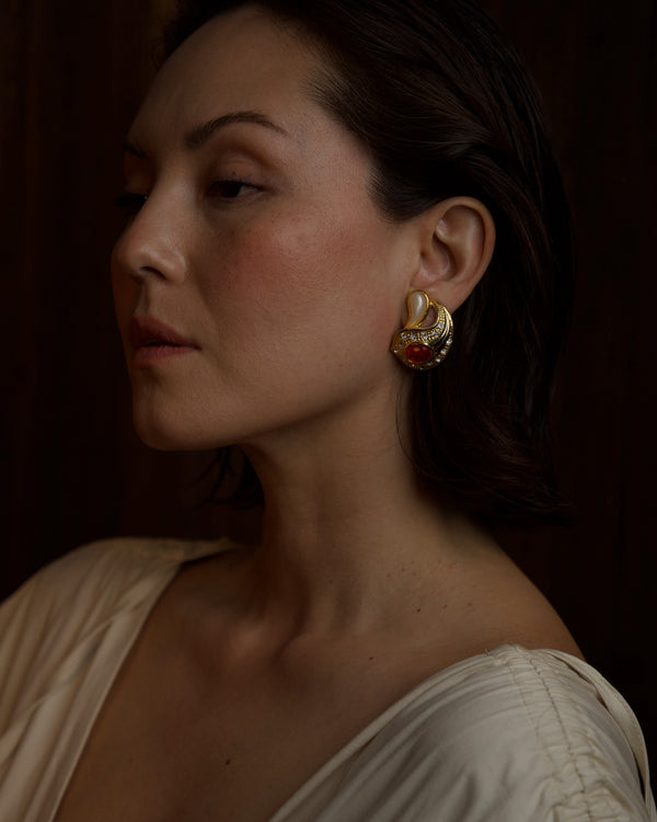 Vintage Ruby & Pearl Clip Ons