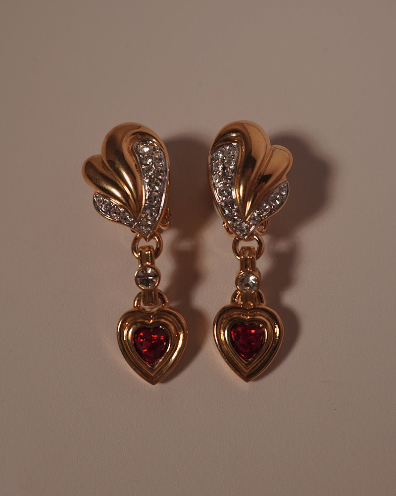 Vintage Ruby Heart Drop Clip Ons