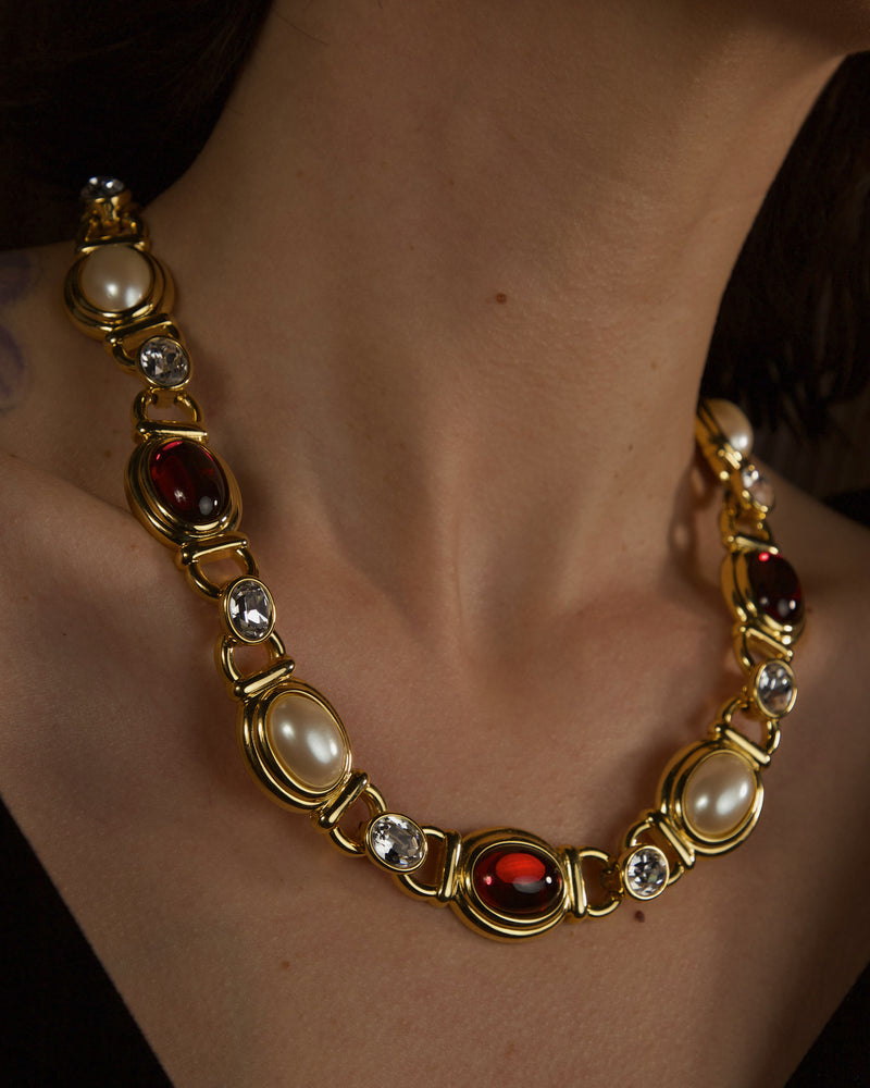 Vintage Ruby & Pearl Cab Statement Necklace