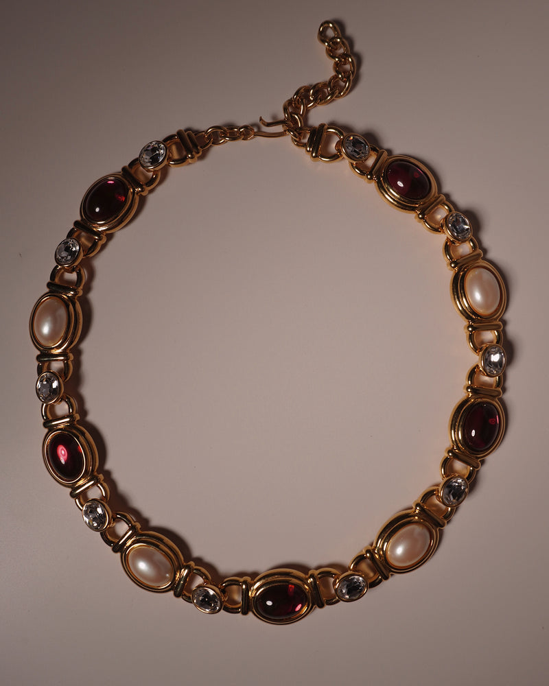 Vintage Ruby & Pearl Cab Statement Necklace