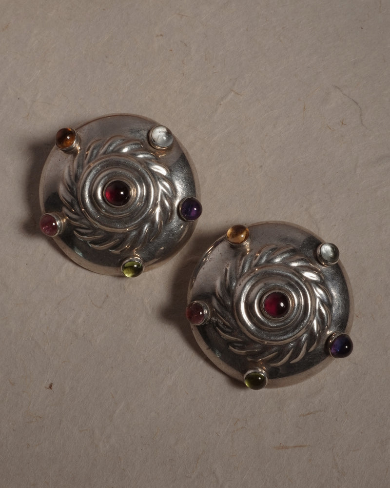 Vintage Silver Glass Cabochon Clip Ons